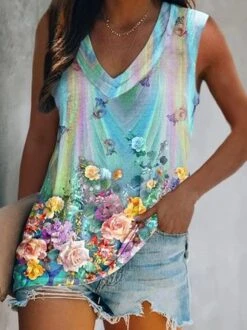 Casual Blue Floral Tank Top -Zolucky Sales Store 43f5a0155cd19b278fc8ecb4216aaf13