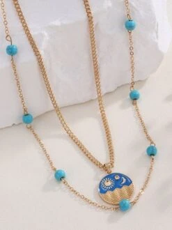 Turquoise Beaded Sun And Moon Medal Layer Pendant Necklaces -Zolucky Sales Store 44acc6cac22594b2c104d8d6ca8a0764