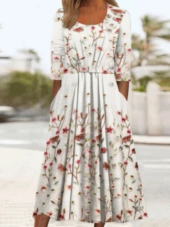 Floral Crew Neck Buckle Casual Dress