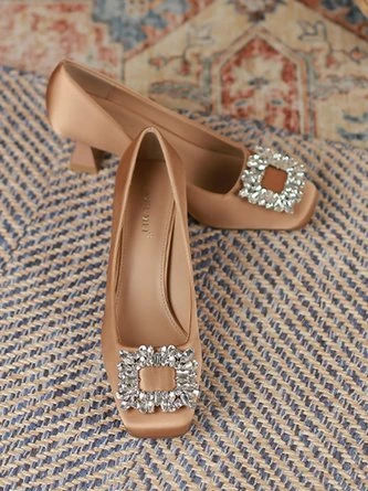 Square Rhinestone Decor Satin Square Toe Spool Heel Pumps 5 Square Rhinestone Decor Satin Square Toe Spool Heel Pumps - Image 5