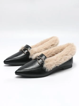 Women Metal Decor Commuting Furry Synthetic Leather Loafers 8 Women Metal Decor Commuting Furry Synthetic Leather Loafers - Image 8