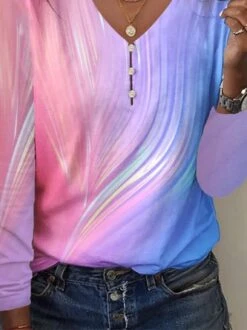 Abstract Printed Casual Loose V Neck Buckle Long Sleeve T-Shirt -Zolucky Sales Store 45ce3615c31e3aacc257acc37fe3b456