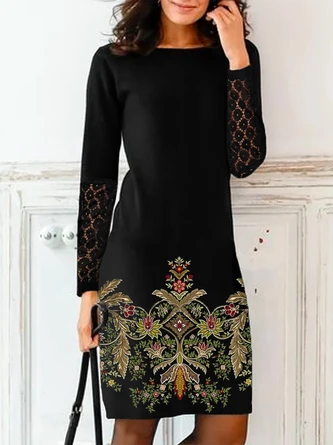 Boat Neck Loose Party Ethnic Lace Dress 1 Boat Neck Loose Party Ethnic Lace Dress