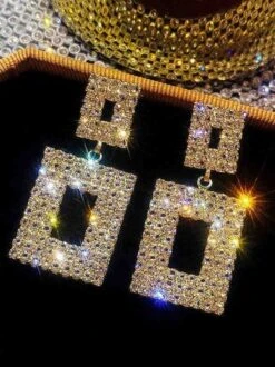 European And American Best-selling Full-diamond Square Dangle Earrings, Versatile And Super Flashy Exaggerated Earrings, Party And Banquet Accessories