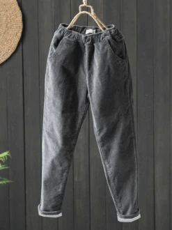 Corduroy Winter Fleece Plain Corduroy Casual Elastic Band H-Line Straight Long Pants With Pockets -Zolucky Sales Store 4707828fa7174fb543fe4ad3fdf848e2