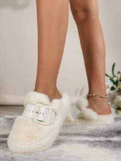 Color Block Buckle Warmth Fluffy Toe-covered Slippers -Zolucky Sales Store 482b2536130da0e1997405fceb1fe540