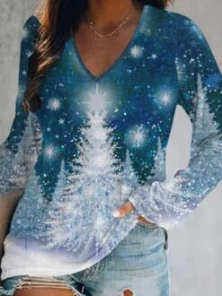 Casual Christmas Trees Long Sleeve V Neck Printed Top T-shirt TUNIC Xmas T-shirt