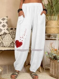 Plus Size Lace Cotton Heart Casual Pants