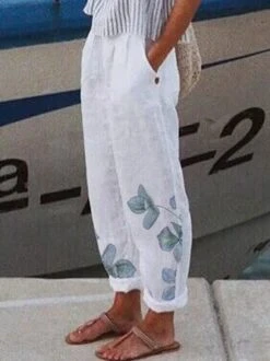 Casual Plants Print Linen Pants