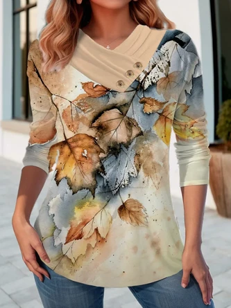 Plus Size Maple Leaf Buckle Asymmetrical V Neck Jersey Casual Loose T-Shirt 1 Plus Size Maple Leaf Buckle Asymmetrical V Neck Jersey Casual Loose T-Shirt