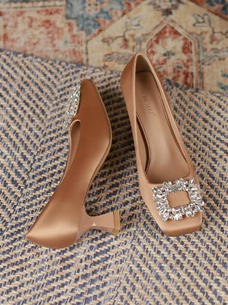 Square Rhinestone Decor Satin Square Toe Spool Heel Pumps 4 Square Rhinestone Decor Satin Square Toe Spool Heel Pumps - Image 4