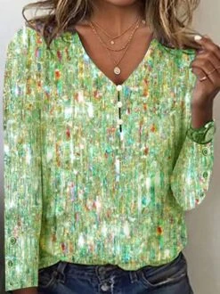 Buckle Diamond Print V Neck Casual Jersey Loose Long Sleeve T-Shirt -Zolucky Sales Store 4b33c3211d1da4e08ade45699d951d62