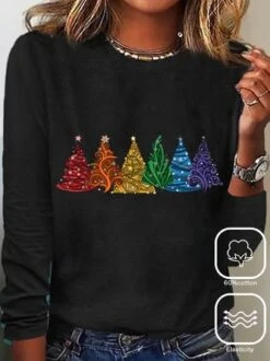 Plus Size Christmas Tree Daily Crew Neck Casual Loose H-Line Long Sleeve T-Shirt