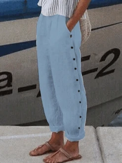 Loose Casual Cotton Linen Elastic Waist Pants With Pockets And Buttoned Design -Zolucky Sales Store 4b7c9547989f05d6732d3ceba5258d47