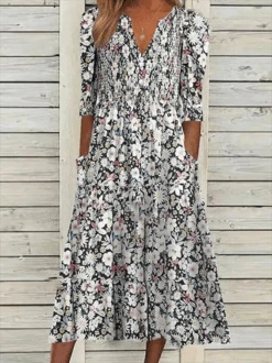 Floral V Neck Casual Half Sleeve Dress
