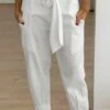 Plus Size Cotton Loose Elegant Plain Pants With Belt