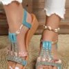 Women Rhinestone Floral Print Braided Ankle Strap Wedge Sandals