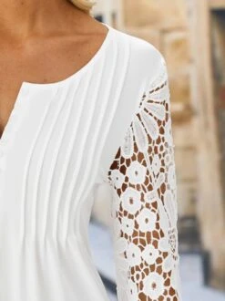 Lace Hollow Out Plain Casual Patchwork Notched Neck Tunic Top Buttoned Design Long Sleeve Shirt -Zolucky Sales Store 4c6f592e268eb73d2bbba9d2da7f3e20