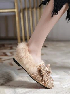 Rhinestone Imitation Pearl Bowknot Furry Party Slip On Shoes -Zolucky Sales Store 4ca26acb1c7c71d9df216a25ccff526c