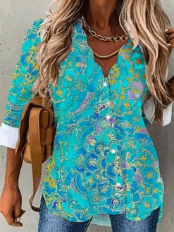 Plus Size Printed Casual Long Sleeve Blouse