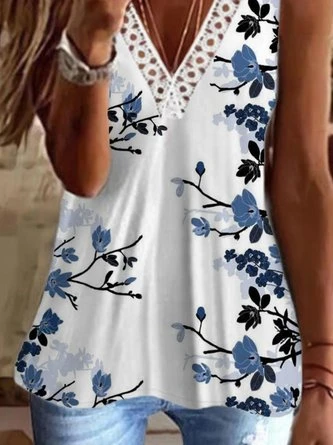 Casual Floral Sleeveless V Neck Printed Tank Top Vests 3 Casual Floral Sleeveless V Neck Printed Tank Top Vests - Image 3
