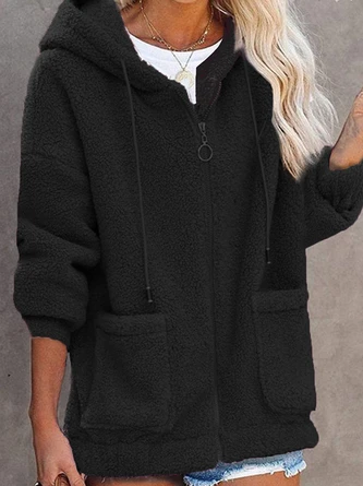 Loose Zipper Hoodie Casual Plain H-Line Mid-long Teddy Jacket With Pockets 3 Loose Zipper Hoodie Casual Plain H-Line Mid-long Teddy Jacket With Pockets - Image 3