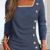 Casual Loose Square Neck Long Sleeve Shirt With Buttoned Design