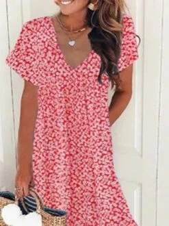 Casual V Neck Loose Short Sleeve Floral Dress -Zolucky Sales Store 4e32a118513a032e68e9db4d7b14f3e4