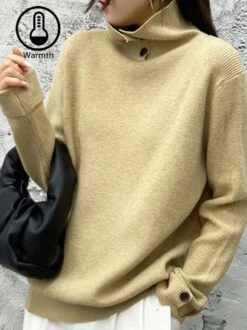 Buttoned Turtleneck Casual Loose Sweater
