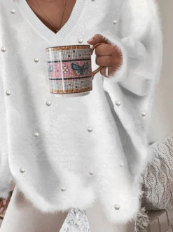 Fuzzy V Neck Pearl Beading Casual Knitted Winter Heavyweight Plain Long Sleeve Sweater -Zolucky Sales Store 4ef9cc4a6bfe615a82d163beb445d122