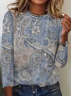 Plus Size Mystery Ethnic Print Loose Crew Neck Jersey Casual Long Sleeve T-Shirt