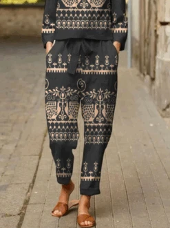 Ethnic Crew Neck Lace-Up Pockets Casual Two-Piece Set -Zolucky Sales Store 4f9a8f9d305ede111e5741802fc35125