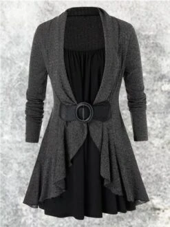 Flounce Solid Cotton-Blend Long Sleeve Weaving Dress