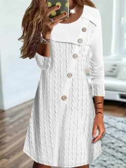 Casual Plain Texture Crew Neck Stitched Buttons Jersey Dress -Zolucky Sales Store 51facd6e1258f5129b20624416142375
