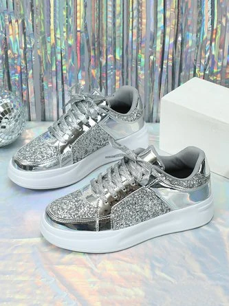 Women Fashion Glitter Paneled Lace-Up Skate Shoes 3 Women Fashion Glitter Paneled Lace-Up Skate Shoes - Image 3