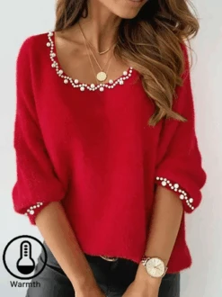 Christmas Beaded Winter Heavyweight Plain Crew Neck Casual H-Line Loose Sweater