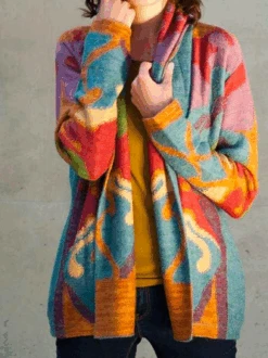 Multicolor Abstract Print Casual Loose Knitted Jersey H-Line Cardigan