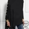Plus Size Plain Buttoned Long Sleeve Tunic Daily Casual A-Line Turtleneck Mid-long Shirt