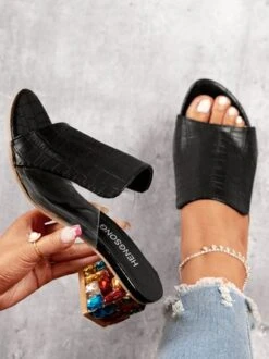 Croc Embossed Rhinestone Chunky Heel Slide Sandals -Zolucky Sales Store 56261bb507f46b5698fd3620ca59bf27