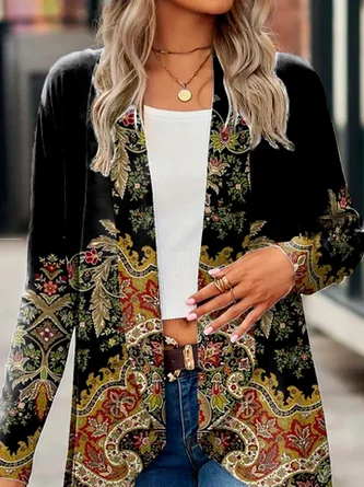 Vintage Ethnic Print Casual Loose H-Line Jersey Long Sleeve Kimono 2 Vintage Ethnic Print Casual Loose H-Line Jersey Long Sleeve Kimono - Image 2