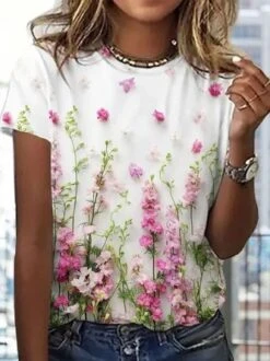 Plus Size Loose Casual Crew Neck Floral T-Shirt