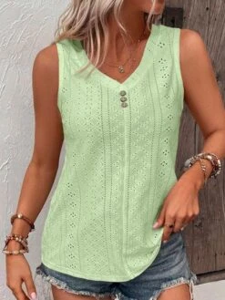Loose V Neck Casual Buttoned Eyelet Embroidery Front Tank Top -Zolucky Sales Store 57b2b04145ec8131f1cb7769c1de05d4
