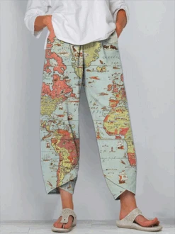 Women Summer Bottoms Casual Cotton-Blend Blue Printed Bottoms