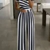 Striped Print Off Shoulder Wide Leg Jumpsuits