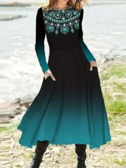 Ethnic Crew Neck Casual Long Sleeve A-Line Dress