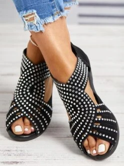 Black Rhinestone Hollow Peep Toe Chunky Heel Dress Sandals -Zolucky Sales Store 5932223fb01c2dffa42a3837136ea964