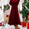 Plus Size Christmas Velvet Daily Casual Plain Crew Neck A-Line Long Sleeve Maxi Dress