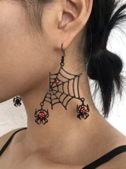 Halloween Spider Web Pattern Crystal Dangle Earrings