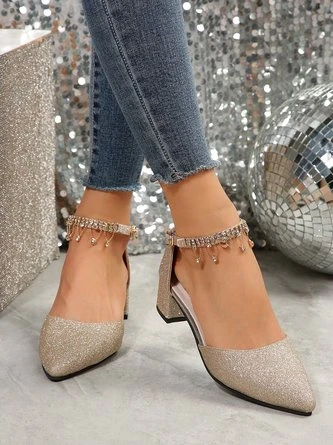 Elegant Rhinestone Decor Ankle Strap Glitter Block Heel Hollow Shoes 2 Elegant Rhinestone Decor Ankle Strap Glitter Block Heel Hollow Shoes - Image 2