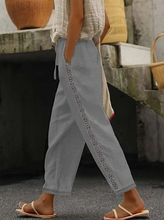 Casual Plain Lace-Up Patchwork Lace Cotton Pants 6 Casual Plain Lace-Up Patchwork Lace Cotton Pants - Image 6